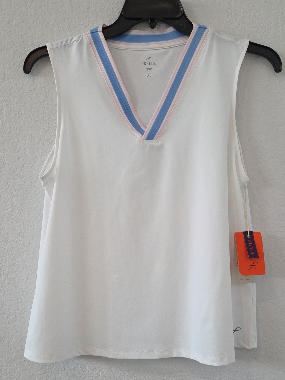 Freely White V-Neck Tank Blue Pink Trim Volley Tank Pickle Ball Tennis Workout